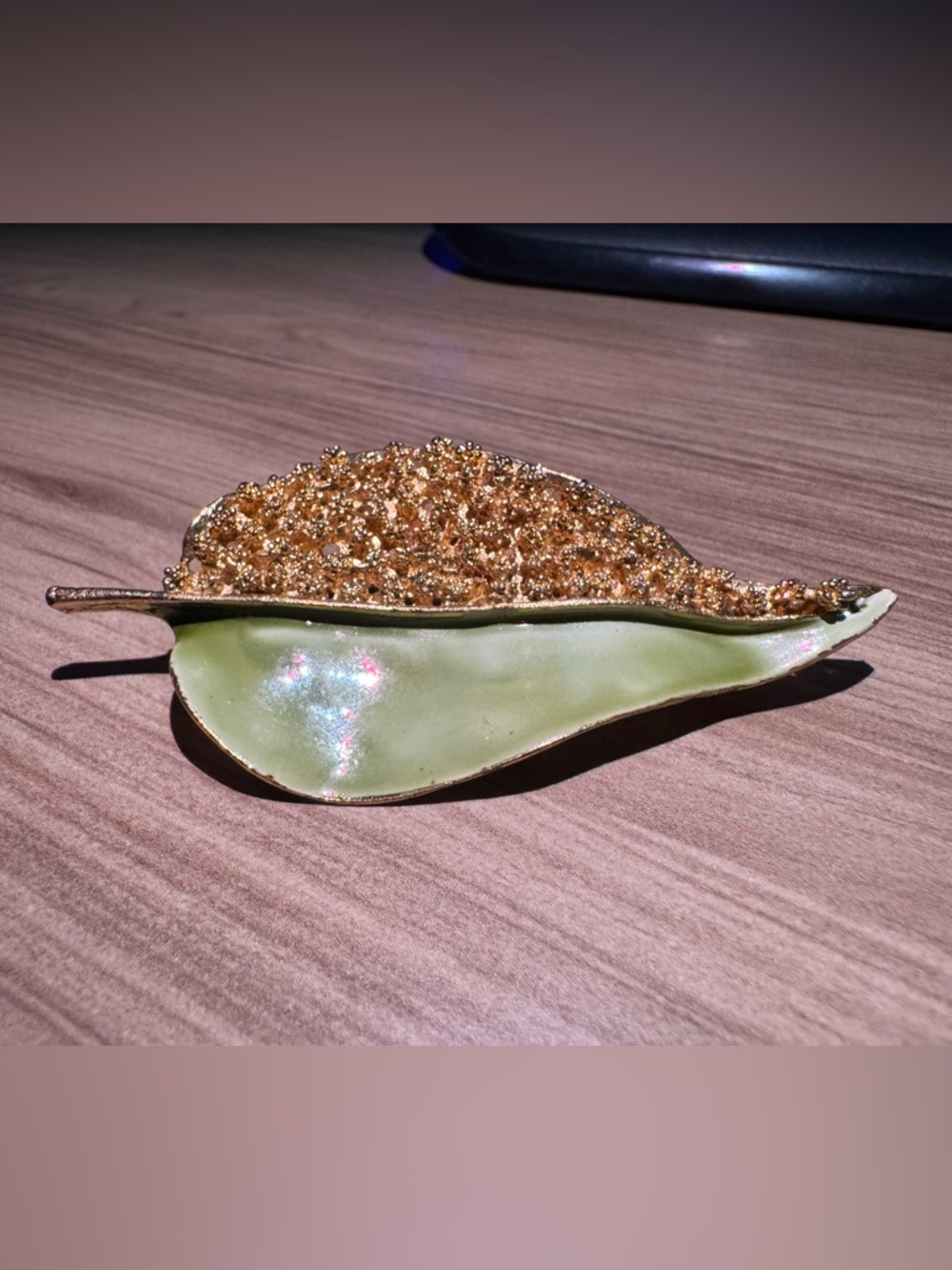 Vintage Gold Crystal and Green Enamel Leaf Brooch